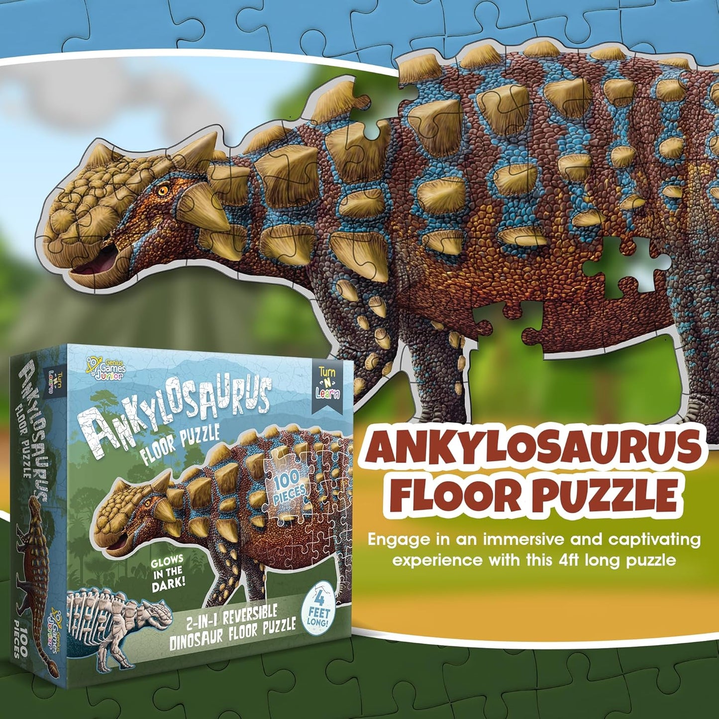 Tyrannosaurus Rex Dinosaur Jigsaw Puzzle | 100-Piece Double Sided Floor Puzzle with Glow-in-The-Dark Skeleton On Other Side | 4 FT Scientifically Accurate Dino Illustration | Educational Toy for Kids