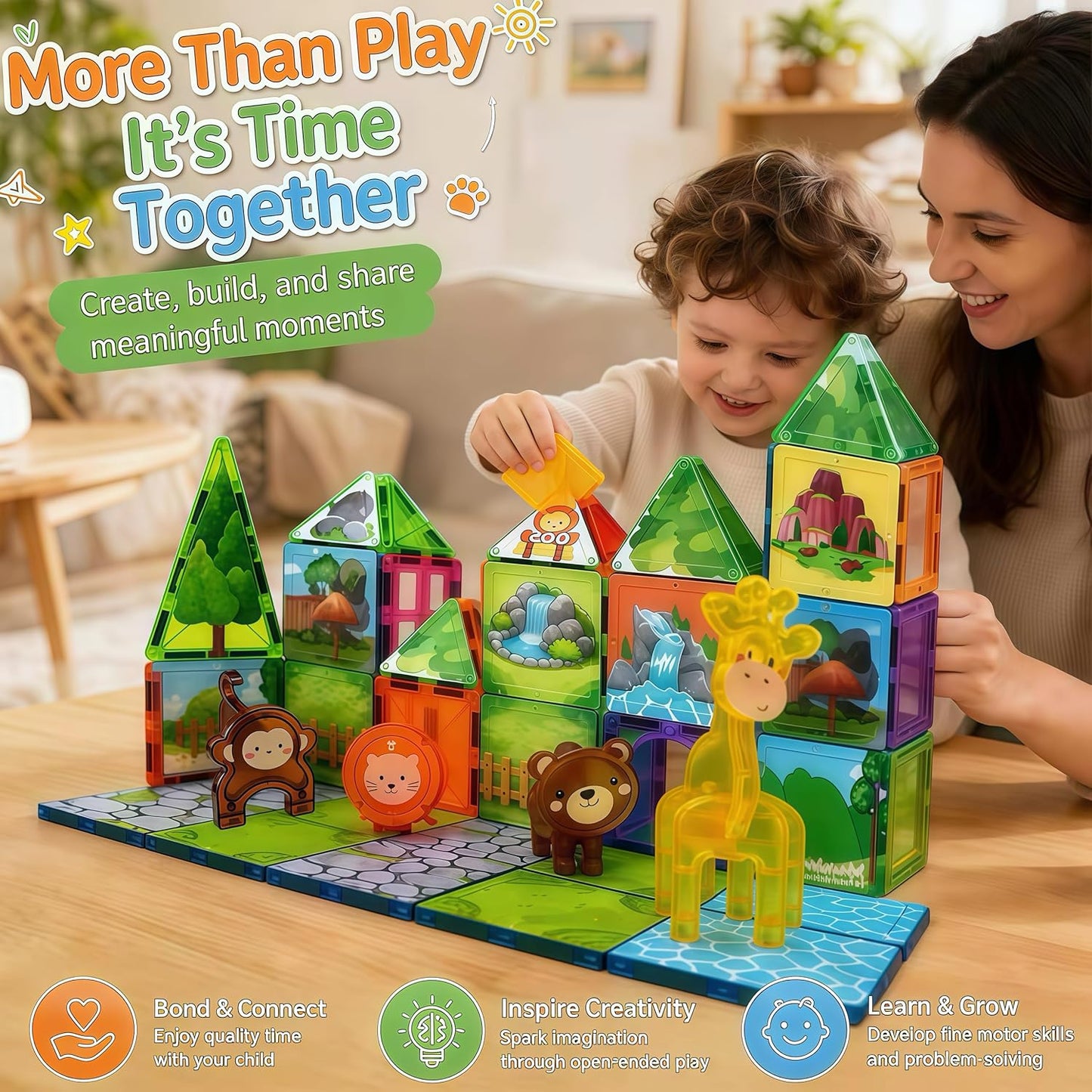 LATI Magnetic Tiles Dinosaur Building Set, Dino World Magnet Blocks with Double-Sided Egg Hatch Story, STEM Construction Toy for Kids Ages 3+, Educational Gift for Boys & Girls