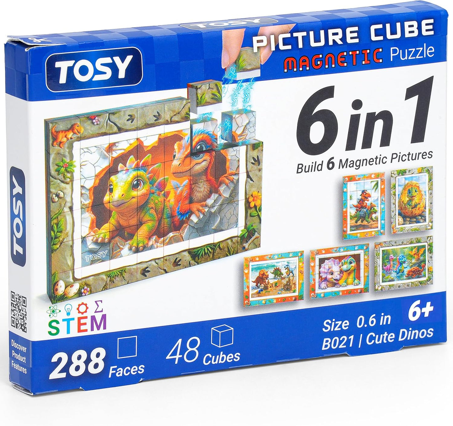 TOSY Picture Cube Cute Dino: 6-in-1 Magnetic Picture Puzzle, Easter Basket Stuffers STEM Gift for Kids & Adults, 48 Blocks, 288 Faces/Magnets, 0.6 in, B021, Seamless UV Art, Display-Ready Frame