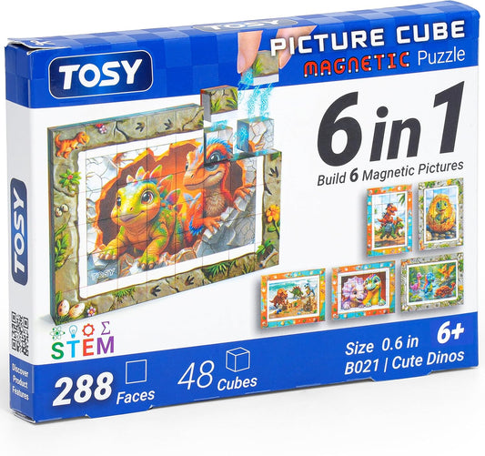 TOSY Picture Cube Cute Dino: 6-in-1 Magnetic Picture Puzzle, Easter Basket Stuffers STEM Gift for Kids & Adults, 48 Blocks, 288 Faces/Magnets, 0.6 in, B021, Seamless UV Art, Display-Ready Frame