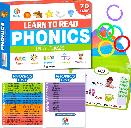 70PCS Phonics CVC Flash Cards Set 20 Phonic Stages Bonus 10 Life Skill Cards Sorting Rings Learn to Read in Blends, Long Vowels, Digraphs for PreK-3rd Grade (Alphabet, Colors, Numbers, and More)