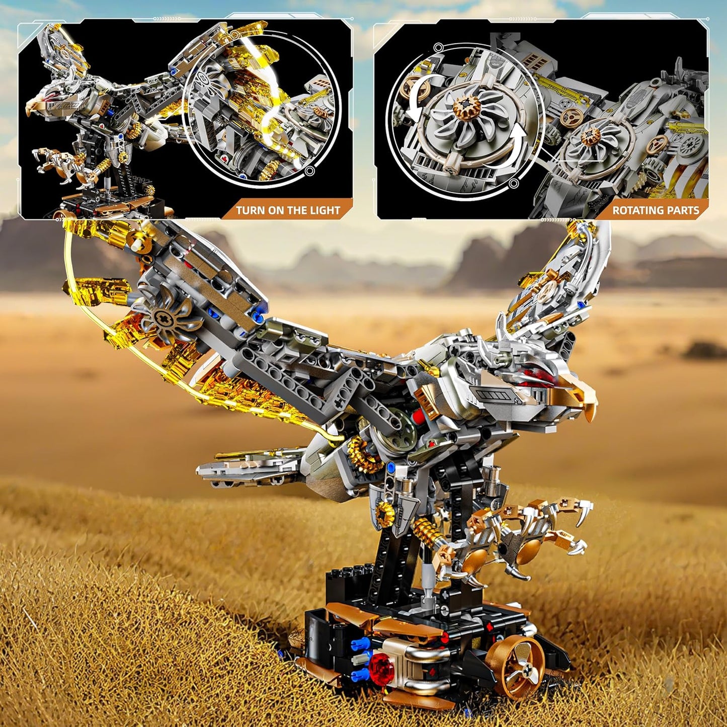 1085-PCS Mechanical Piranhas Fish Building Set with LED Light, Movable Linkage Gears, Display Stand,Mechanical Fish