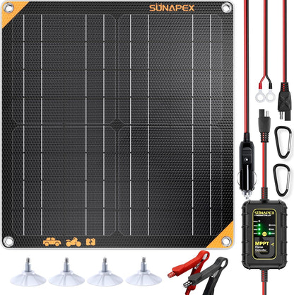 SUNAPEX 12V 10 Watt Solar Trickle Charger Maintainer - Waterproof Solar Powered Battery Charger - Solar Panel Kit Built-in Smart Charge Controller for Car Rv Trailer Truck Boat Automotive Marine