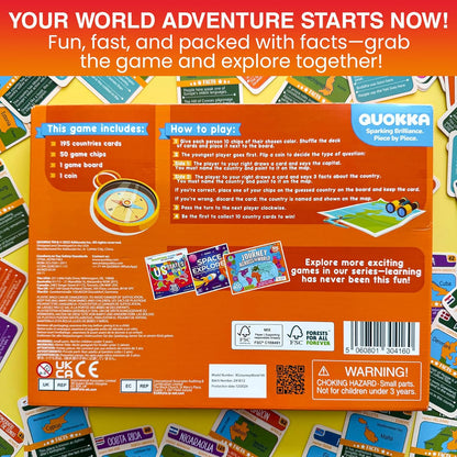 QUOKKA Board Games for Kids 8-12 - Family Games for Kids and Adults - Journey Across the World Card Game Ages 5-9 - Learn Capitals, Flags, Facts, and Map Locations with 195 World Map Cards