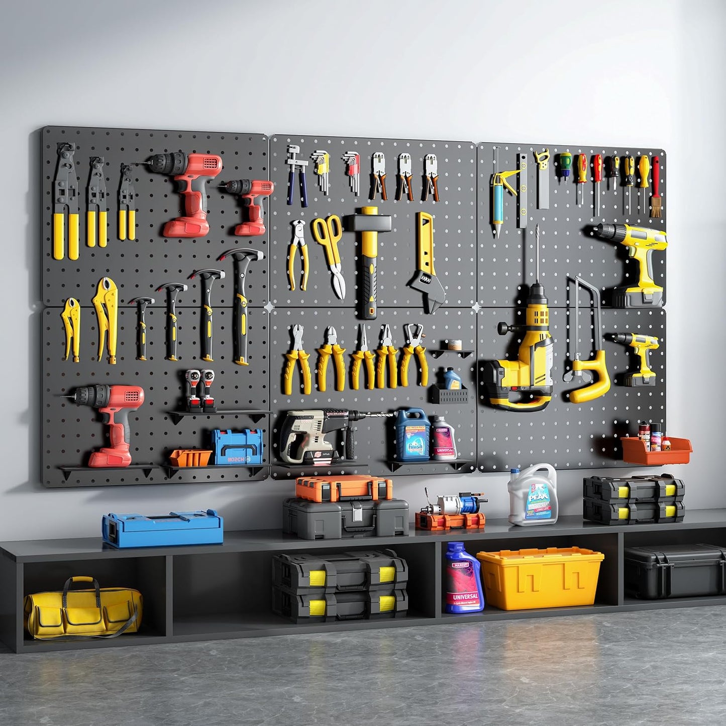 Peg Board, 112PCS Heavy Duty Metal Pegboard with Hooks, 6 Pack Black Peg Board Panels, 60lbs Load Capacity Each, Pegboard Wall Organizer for Garage, Workshop, Kitchen, Craft Rooms