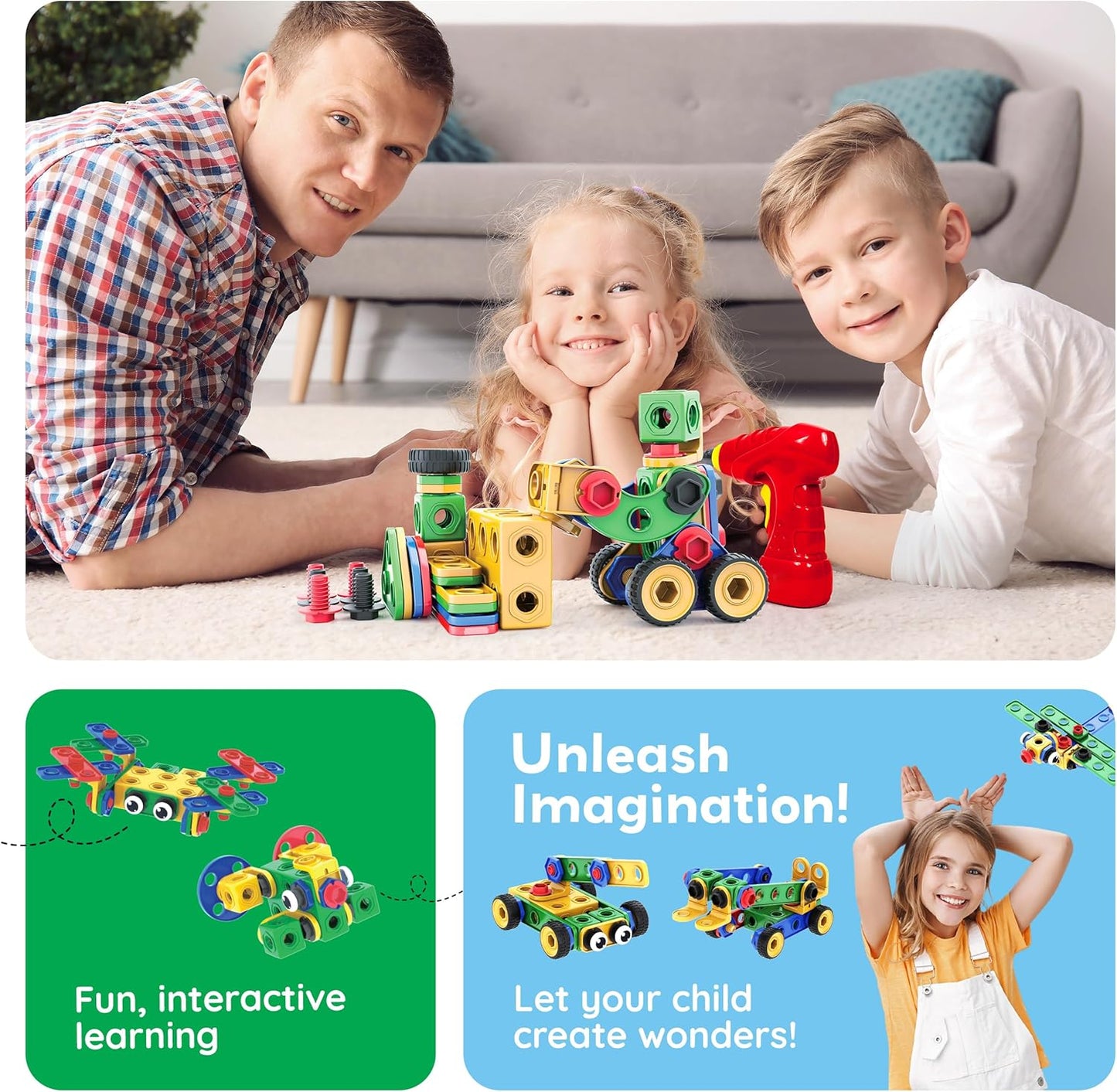 PicassoTiles 152pc STEM Construction Toy Building Set for Kids Ages 3+ Includes Power Drill, Ratchet, Idea Book, Storage Box Educational Engineering Science Kit & Sensory Toys for Boys & Girls PTN152