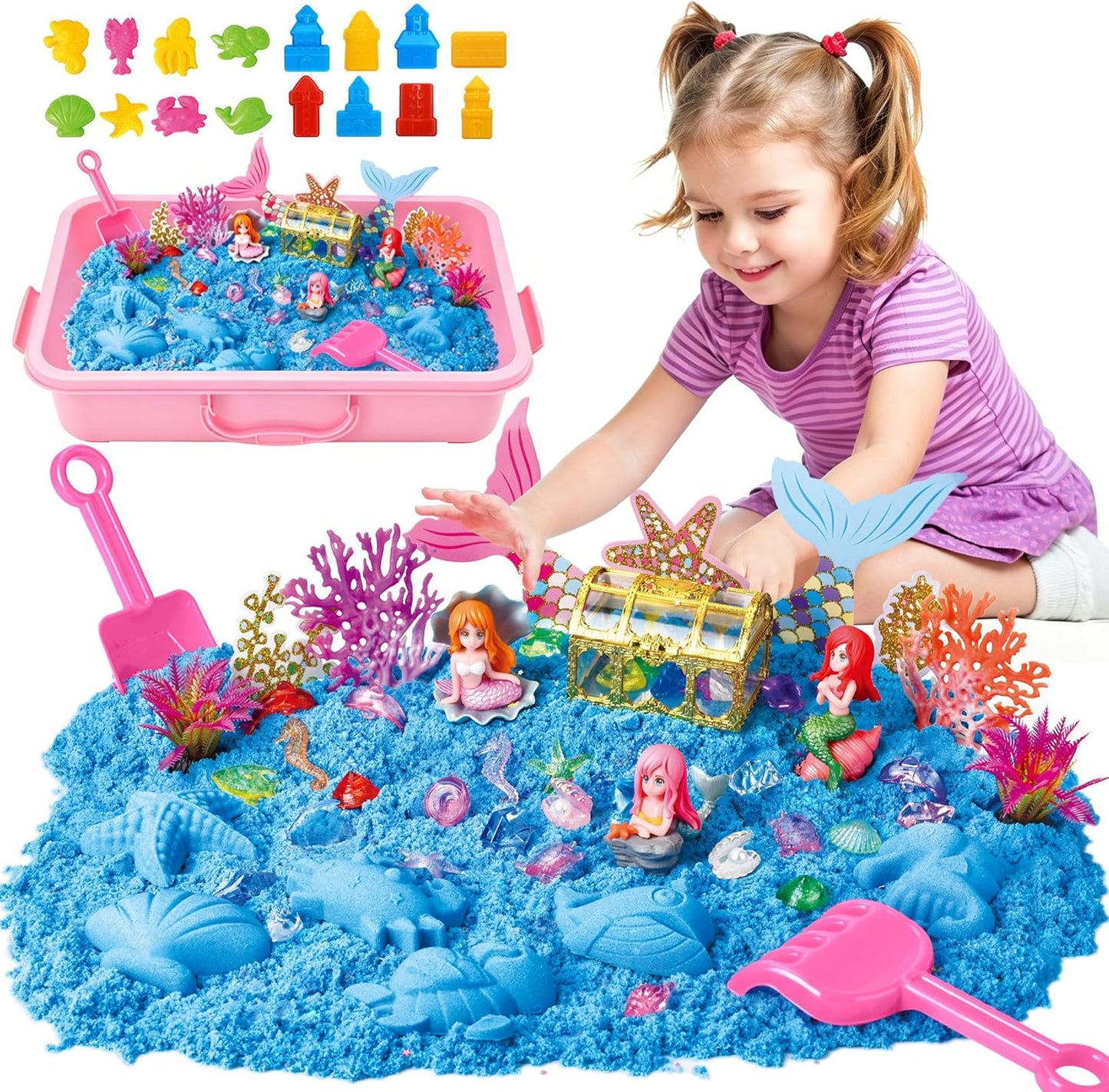 Dinosaur Sensory Bin with Lid, 2.64lbs Magic Sand, Dino Figures, Skeletons & Archaeology Tools, Sensory Sand Kit Dinosaur Toys for Kids 3 4 5 6 7+ Year Old Boy Toddler Birthday Gift Christmas