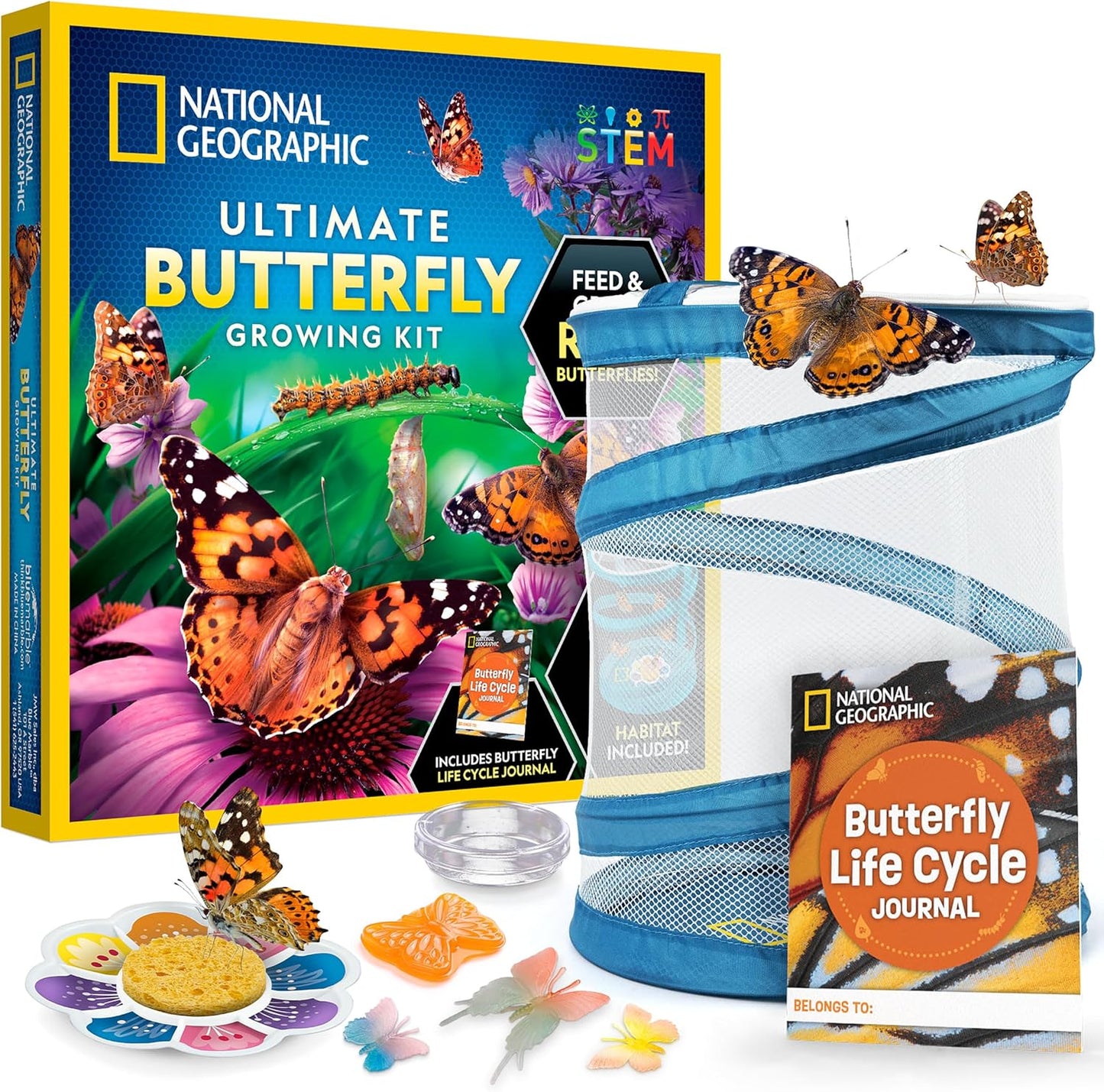 National Geographic Butterfly Growing Kit - Butterfly Habitat Kit with Voucher to Redeem 5 Caterpillars (S&H Not Included), Butterfly Cage, Feeder (Amazon Exclusive)