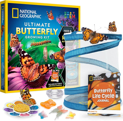 National Geographic Butterfly Growing Kit - Butterfly Habitat Kit with Voucher to Redeem 5 Caterpillars (S&H Not Included), Butterfly Cage, Feeder (Amazon Exclusive)