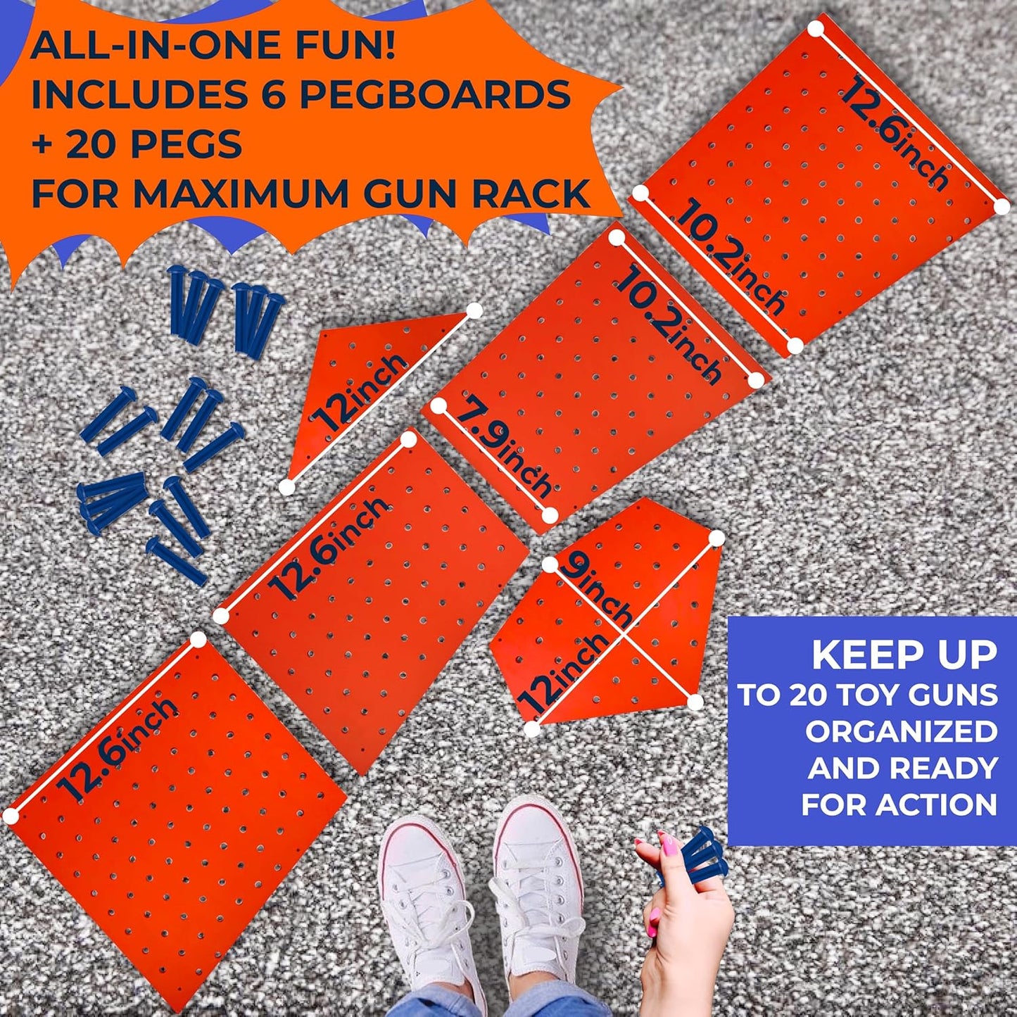 Skywin Wooden Pegboard for Nerf Gun Storage, Nerf Gun Wall Mount Eagle Shape, Compatible with All Blasters, Rack for Wall Organization - Birthday Gift for Kids (Orange)