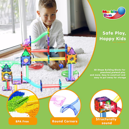 PicassoTiles 108pc Magnetic Marble Run Set with Building Tiles Race Track Car Slides Set STEM Learning Toy 3-in-1 Preschool Construction Kit for Indoor Activity and Development for Kids age 3+ PTG108