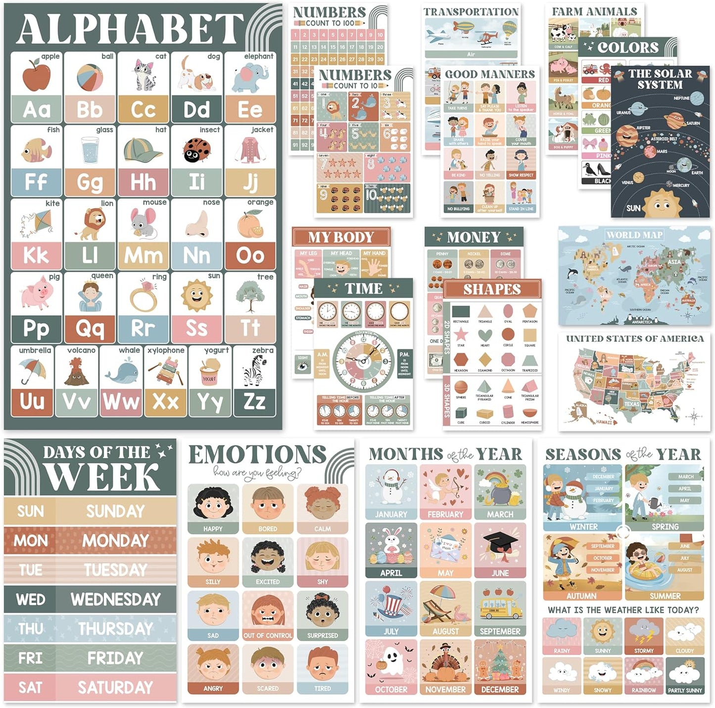 BEAWART 18 Laminated Educational Posters For Toddlers, Preschool Posters for Classroom, Kindergarten Wall Decor, PreK Learning Materials Alphabet Number Chart