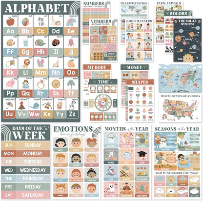 BEAWART 18 Laminated Educational Posters For Toddlers, Preschool Posters for Classroom, Kindergarten Wall Decor, PreK Learning Materials Alphabet Number Chart