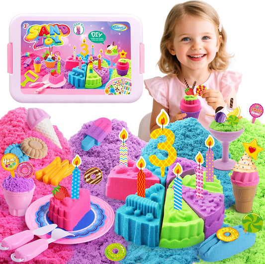 Billeeit Cake & Ice Cream Sensory Bin Sand Toy, Sand Kit Sensory Toys w/lid and 4 Color Moldable Sensory Play Sand 2.2lbs, Molds, Tools Set 43pcs Total for Toddlers, Fun Gifts for Kids Girls 3+
