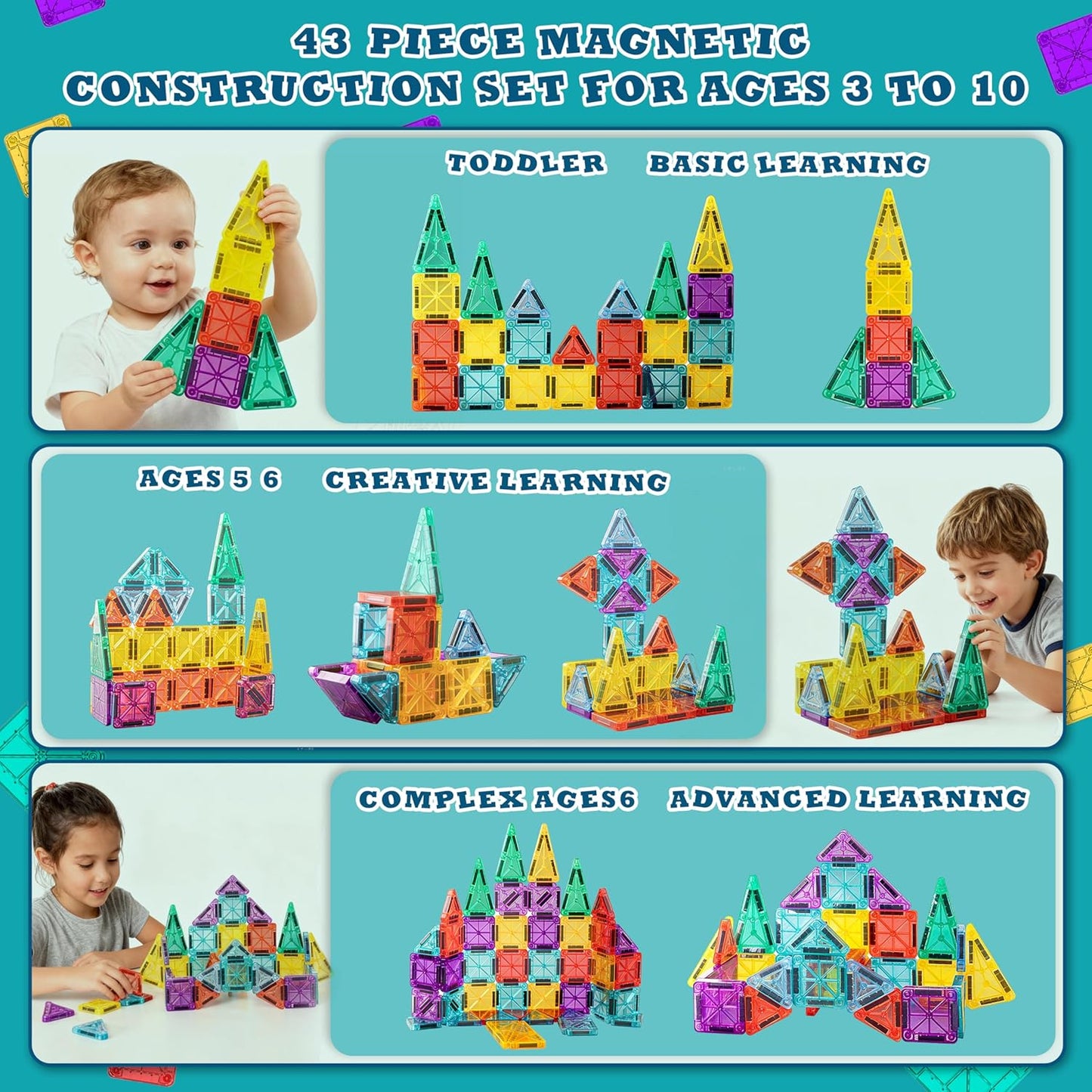 Magnetic Tiles for Kids Mini Magnet Tiles Building 43PCS Toddlers Magnetiles Travel Toys with Case & 2 Cars Basic STEM Magnets Construction Tile Toy Set Ages 3-8 Boys Girls