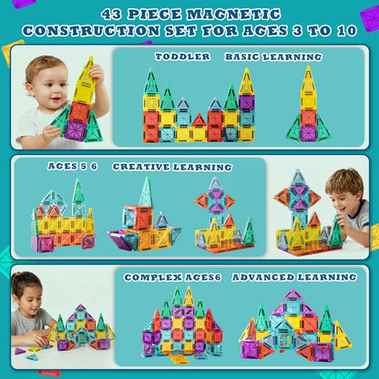 Magnetic Tiles for Kids Mini Magnet Tiles Building 43PCS Toddlers Magnetiles Travel Toys with Case & 2 Cars Basic STEM Magnets Construction Tile Toy Set Ages 3-8 Boys Girls
