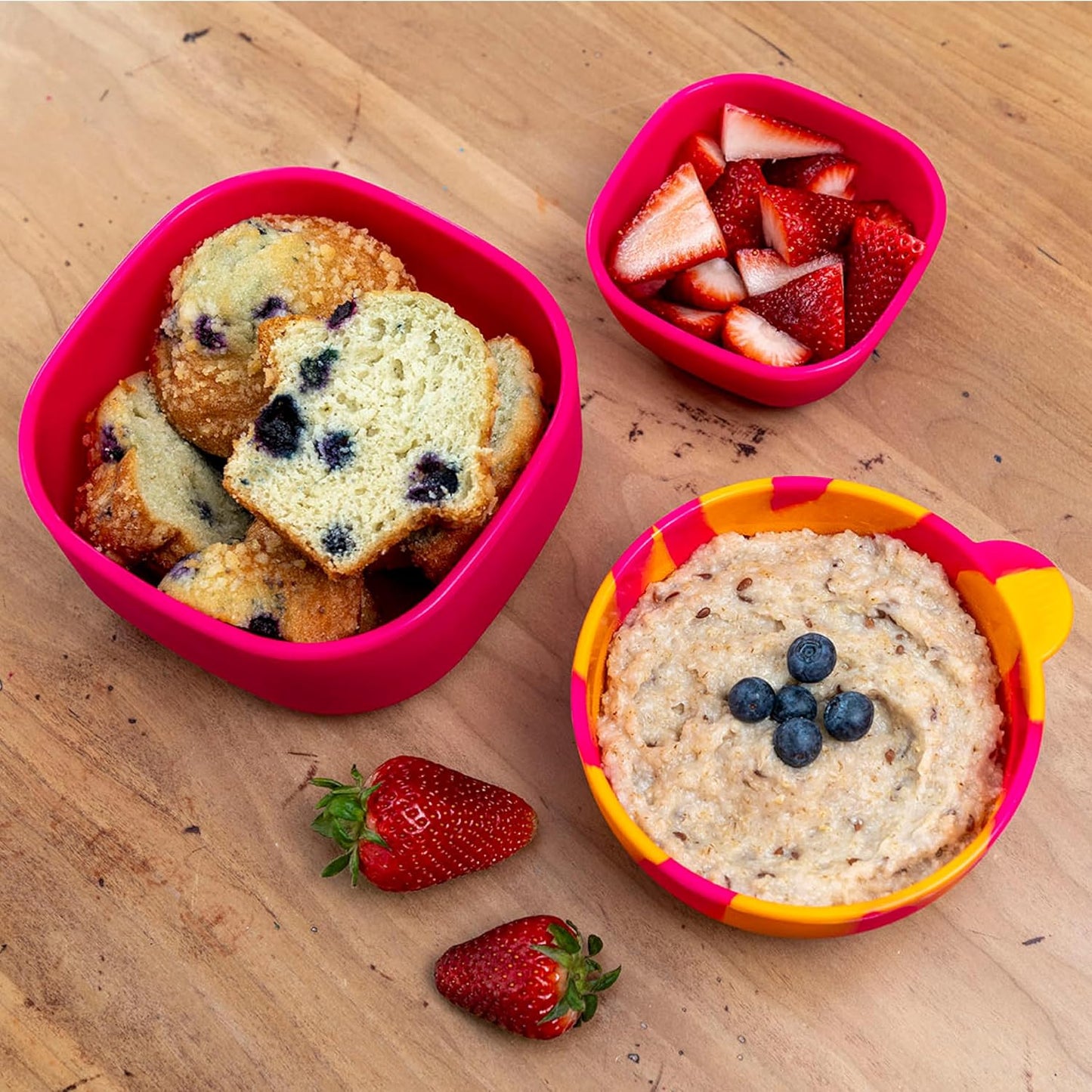 LunchBots Silicone Suction Bowl for Baby & Toddler, Stackable Nesting Bowl Set of 3 with Lid for Feeding, Portable Travel Bowls, Dishwasher Safe, 5/8/17 oz (Blue/Green)