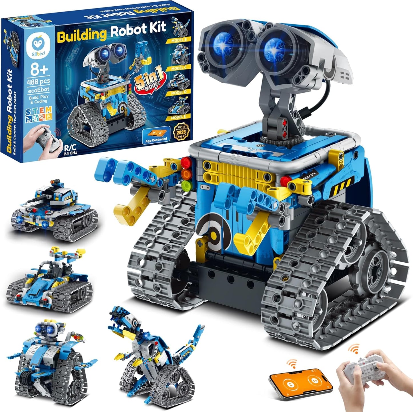 Sillbird Robot Building Kit with Remote Control STEM Gifts for Boys Age 8-13, Technic Coding Robotic Toys for Kids Birthday, Buildable 5in1 Models with 488 Pieces