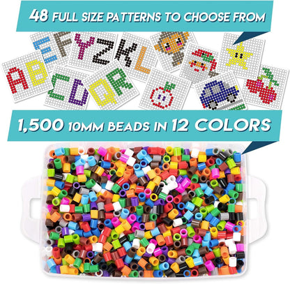 shinshin creation Fuse Beads Kit for Kids - 1500 Large 10mm Melty Iron Beads with Pegboards, 48 Patterns - Arts and Crafts for Boys and Girls Ages 4-7