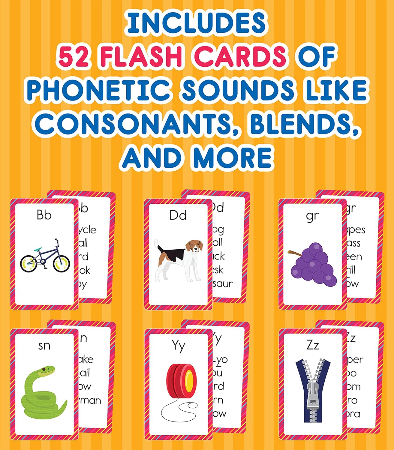 Carson Dellosa Phonics Flash Cards for Kids Ages 4-8, Sound Recognition Skills With Vowels, Consonants and Common Blends for Preschool, Kindergarten, 1st Grade, Phonics Game for Kids Ages 4+ (54 Cards)