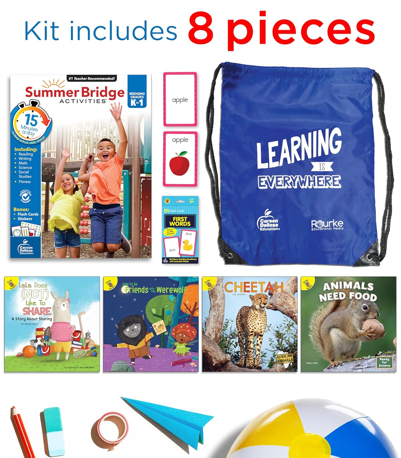 Summer Bridge Activities K-1 Bundle, Ages 5-6, Math, Reading Comprehension, Science, and Writing Summer Learning 1st Grade Workbooks, Sight Word Flash Cards, Children's Books, and Drawstring Bag