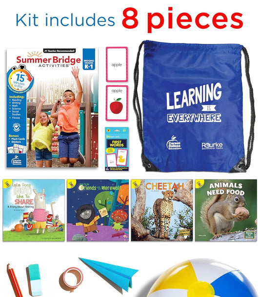 Summer Bridge Activities K-1 Bundle, Ages 5-6, Math, Reading Comprehension, Science, and Writing Summer Learning 1st Grade Workbooks, Sight Word Flash Cards, Children's Books, and Drawstring Bag