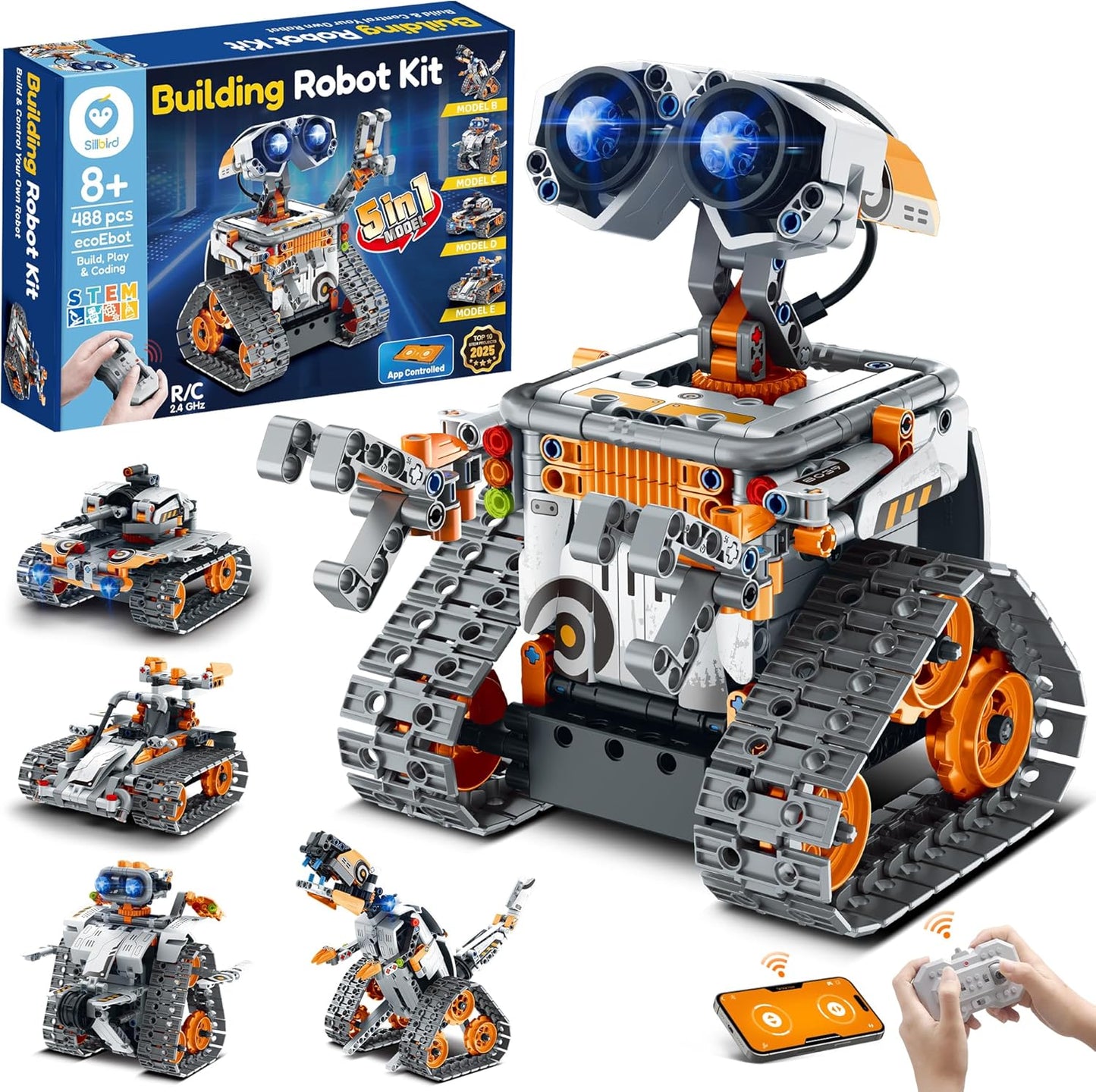 Sillbird Robot Building Kit with Remote Control STEM Gifts for Boys Age 8-13, Technic Coding Robotic Toys for Kids Birthday, Buildable 5in1 Models with 488 Pieces