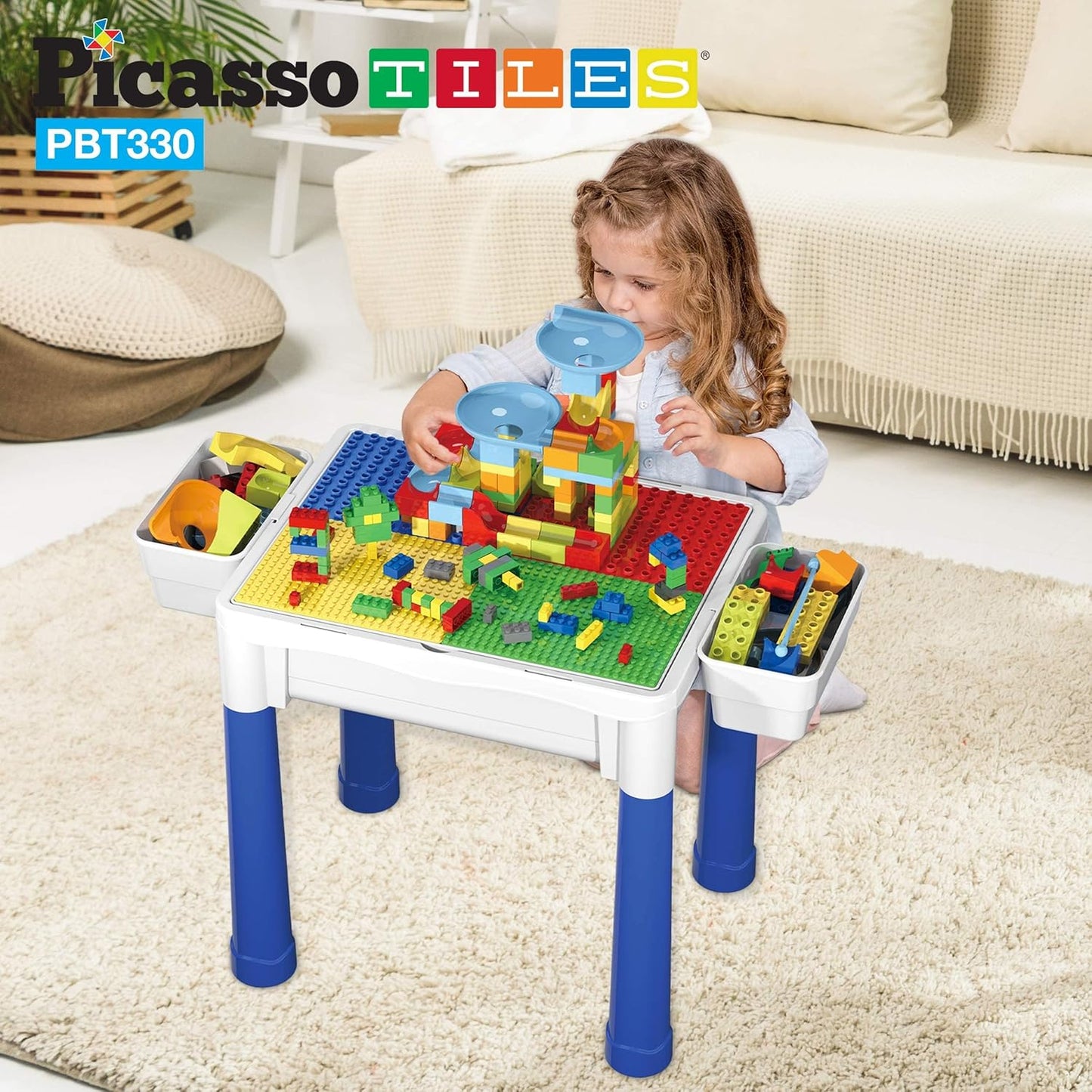 PicassoTiles Kids Activity Center Play Table & Study Desk Set Sandbox Water Tight Container Storage All-in-1 STEM Toy Kit Playset with 330pc Dual Size Building Bricks Construction Blocks Marble Run