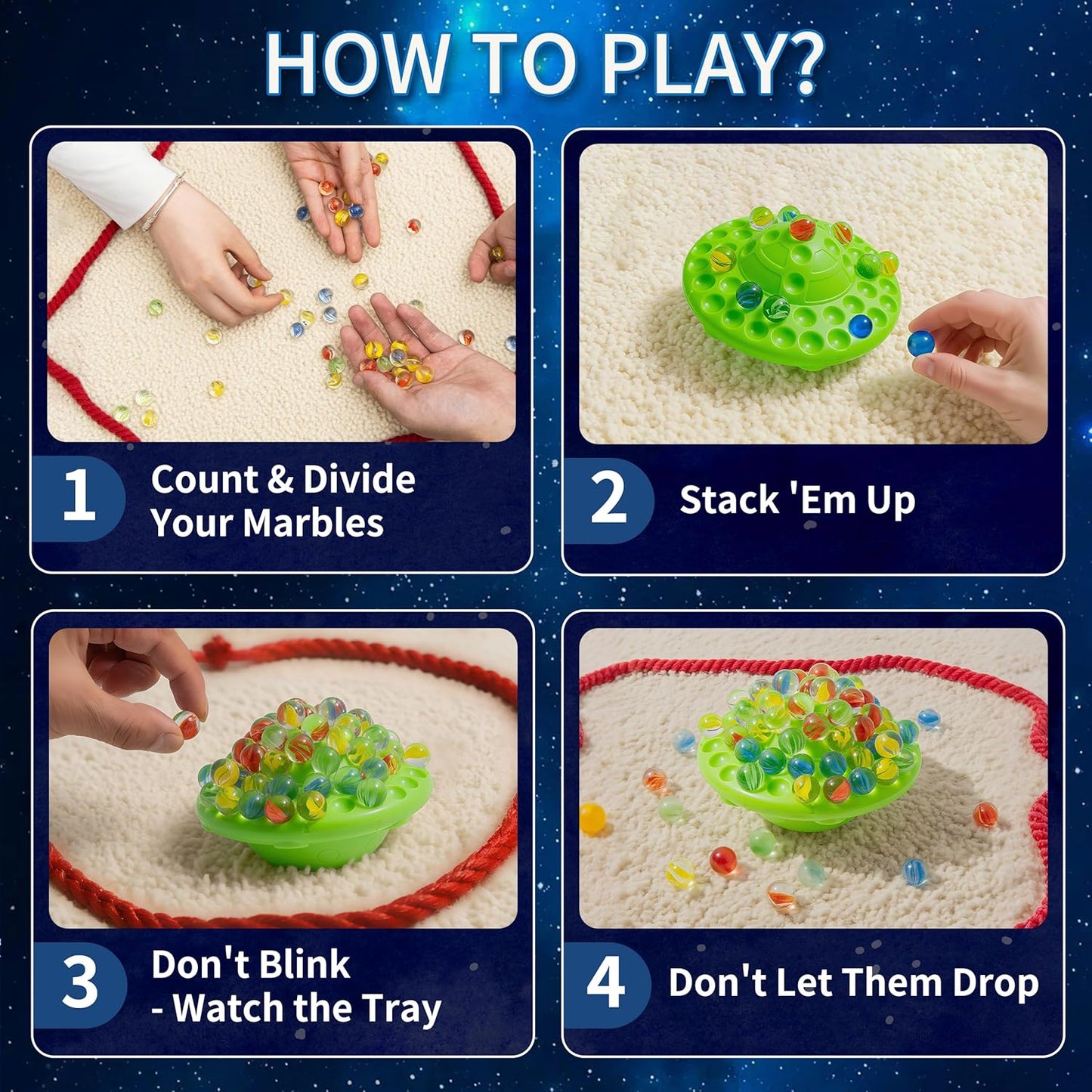 UFO Marble Balance Game, 60 Colorful Marbles Toy for Kids Family Stacking Challenge, Party Game with Storage Case for Children Over 96 Months (UFO Marble Balance Game)