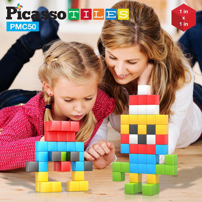 PicassoTiles 60pc Magnetic Puzzle Cube Building Set 1 Inch 3D Blocks STEM Construction Toy for Toddlers Kids Boys Girls Age 3+ Montessori Learning Travel Sensory Gift with Educational Idea Book PMC60