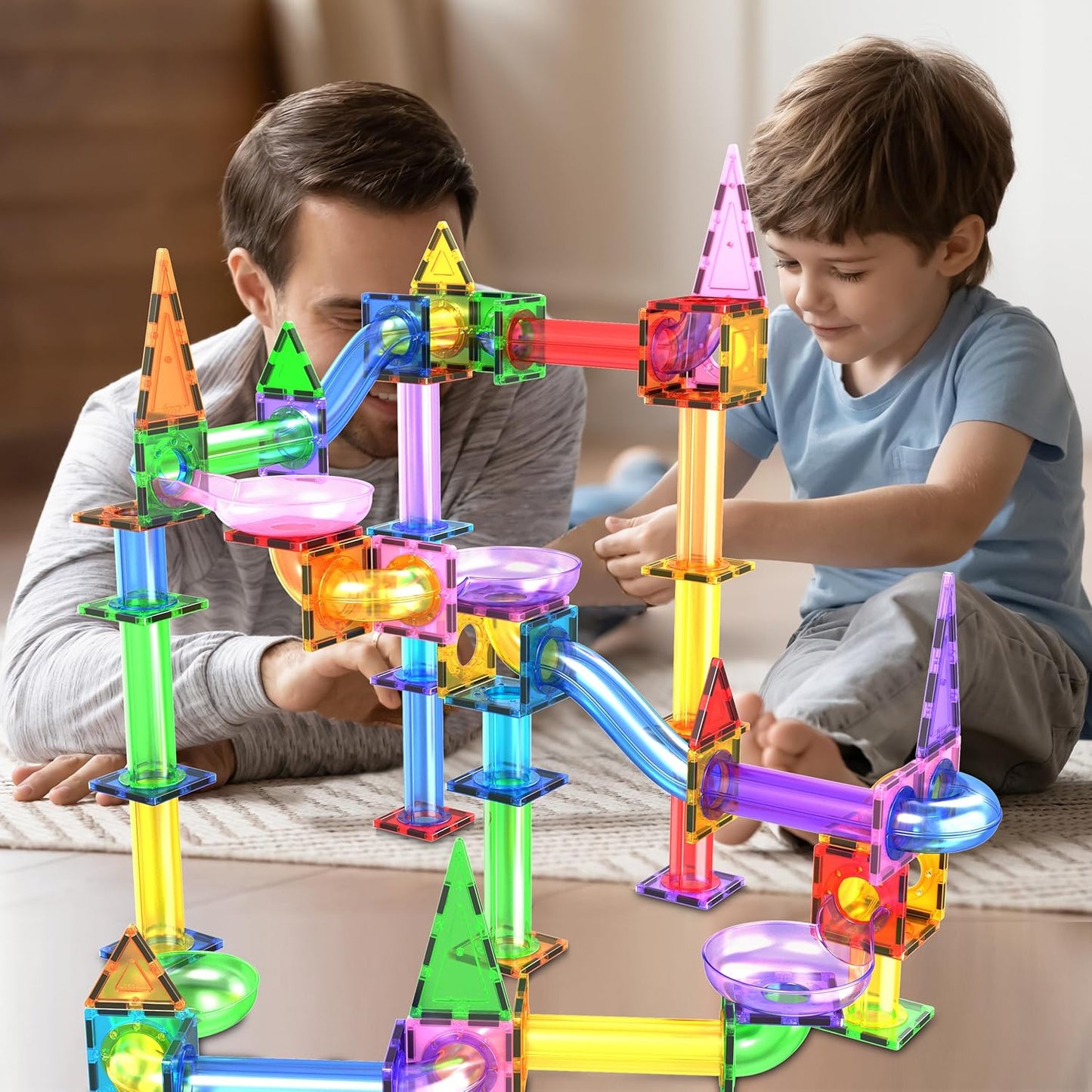 PicassoTiles 108pc Magnetic Marble Run Set with Building Tiles Race Track Car Slides Set STEM Learning Toy 3-in-1 Preschool Construction Kit for Indoor Activity and Development for Kids age 3+ PTG108