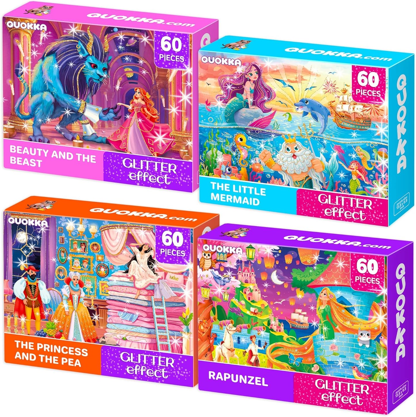 QUOKKA Puzzles for Kids Ages 4-6 - Set of 4x60 Jigsaw Puzzles for Toddlers 3-5 - Unicorn Princess Animals Toys for Children 6-8 yo - Gift Educational Game for Boys & Girls