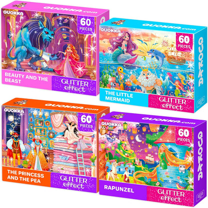 QUOKKA Puzzles for Kids Ages 4-6 - Set of 4x60 Jigsaw Puzzles for Toddlers 3-5 - Unicorn Princess Animals Toys for Children 6-8 yo - Gift Educational Game for Boys & Girls