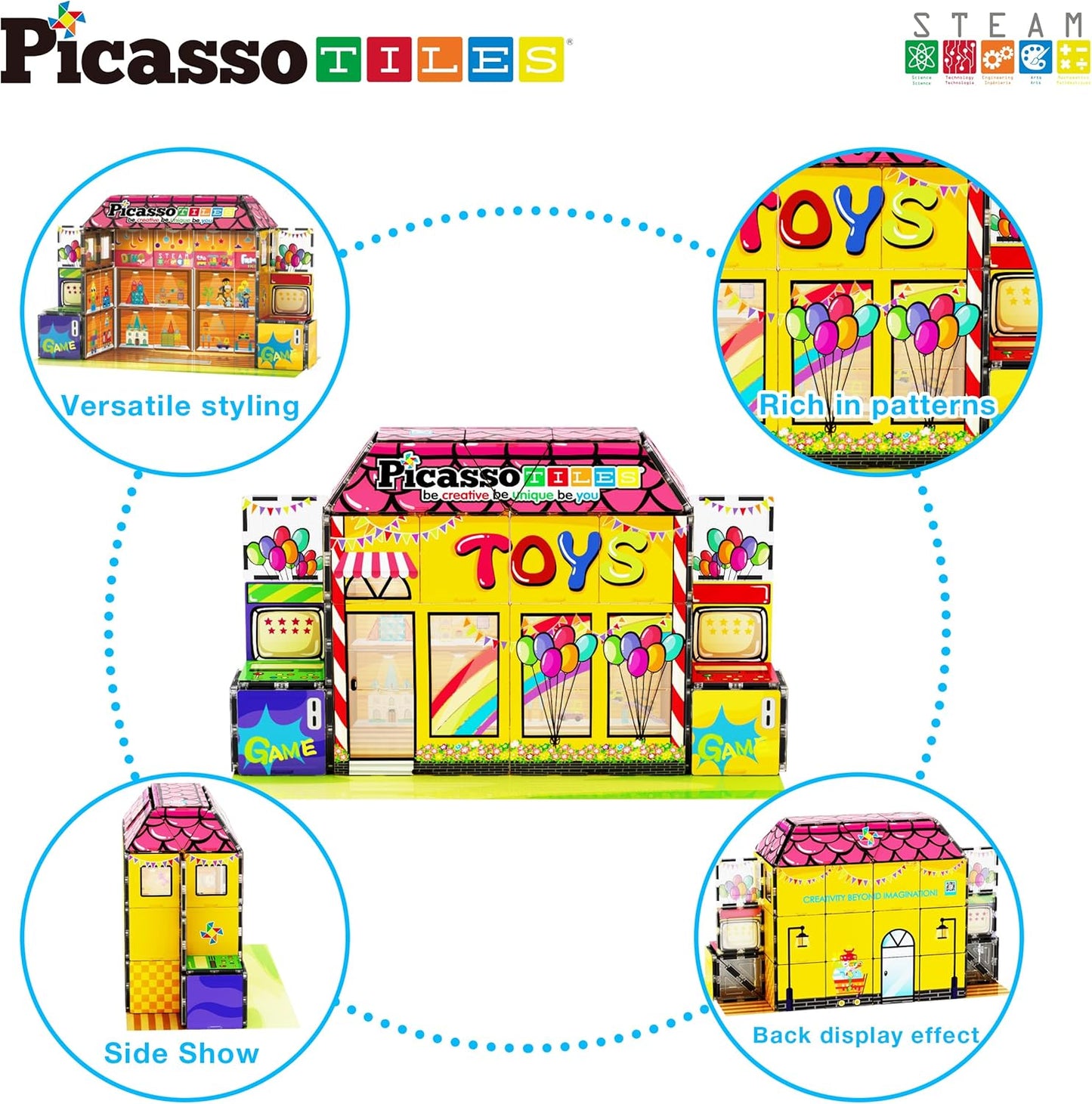 PicassoTiles 60pc Magnetic Tile Princess Castle Building Set with Double Sided Printed Tiles 2 Character Figures STEM Educational Toy Kit for Kids Pretend Play Montessori Learning Ages 3 to 8 PTQ04