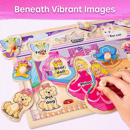 SYNARRY Wooden Puzzles for Toddlers 1-3, 6XSET Toddlers Puzzles Ages 1-3 with Rack, Learning Alphabet Number Shape Unicorn Princess Mermaid Animal, Gifts Toys for Girls Ages 2-4