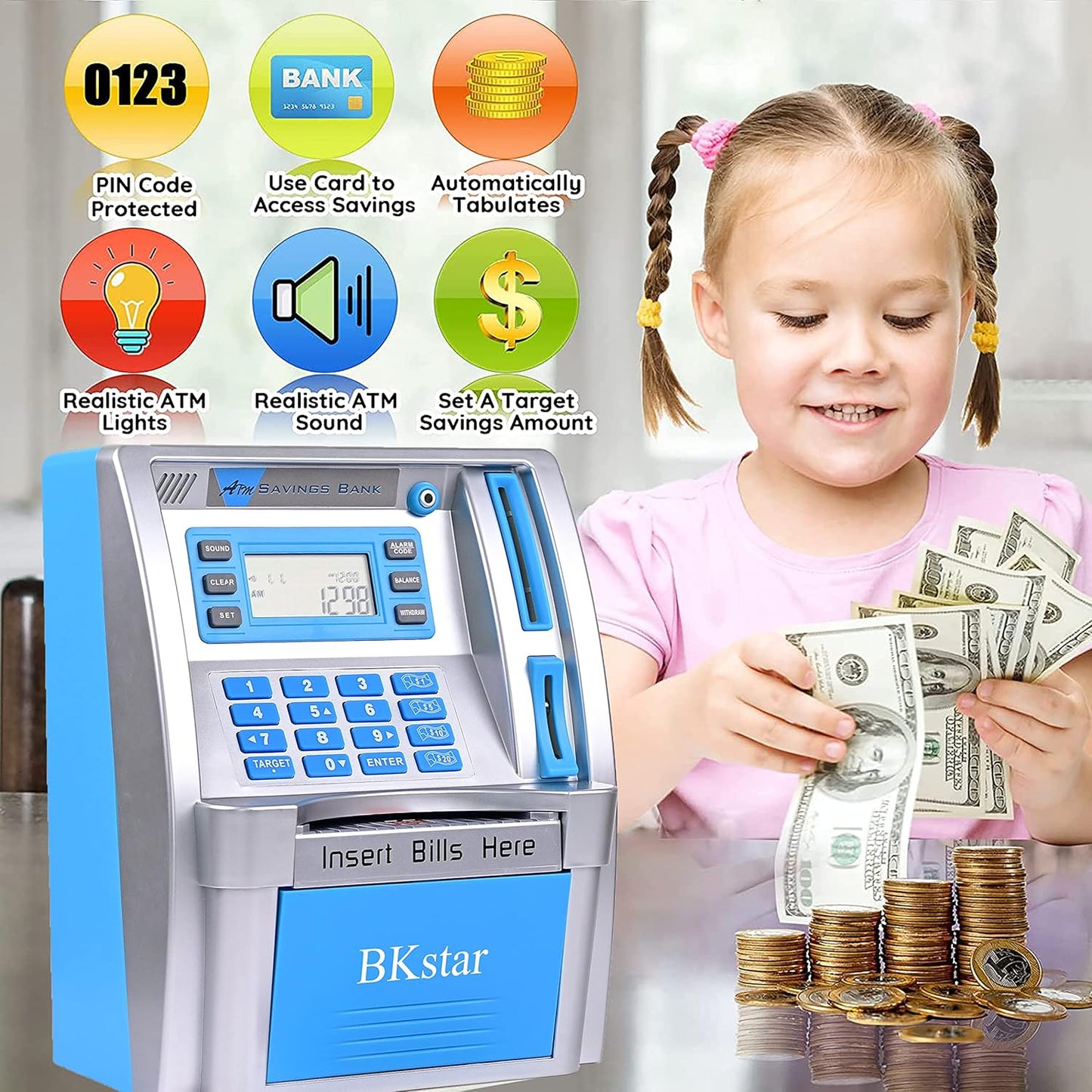 BKstar ATM Piggy Bank for Kids - Talking Electronic Money Bank with Debit Cards & Digital Coin Counter for Real Money, Boys Girls