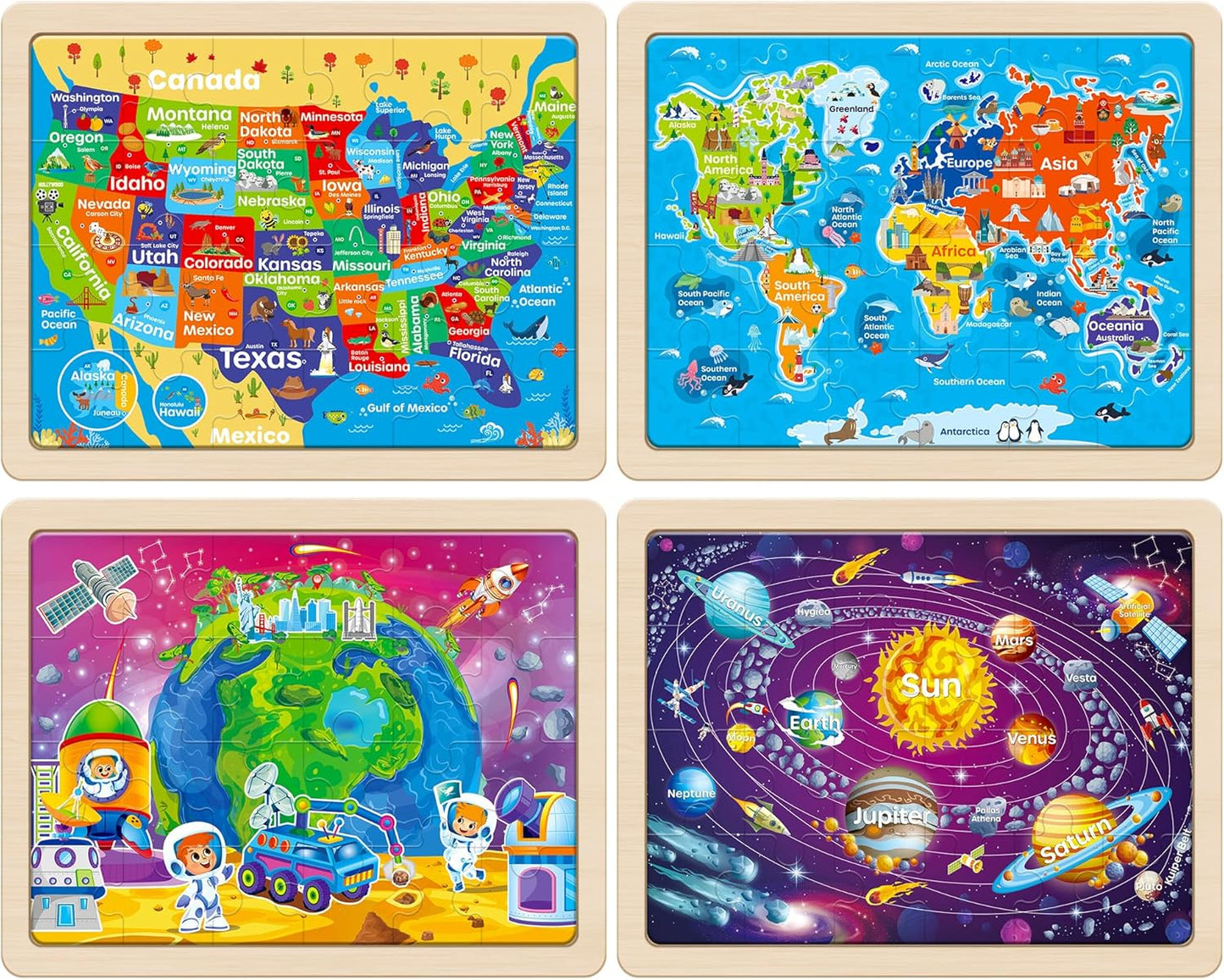 SYNARRY Large US World Earth Solar System Wooden Puzzles for Kids Gift Box(12.2 * 9.4 in), Puzzles for Toddlers 3-5, Wood Puzzles for Kids Ages 4-6, Easter Basket Stuffers Gifts for Kids