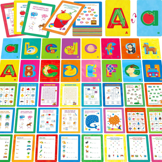 60 Alphabet and Game Cards, Double-Sided Letter Flashcards, Crossword, Tic-tac-Toe. WordSearch, Word Spelling Games for Kids, CVC, CVCC, CCVC & First Words Learning Tool