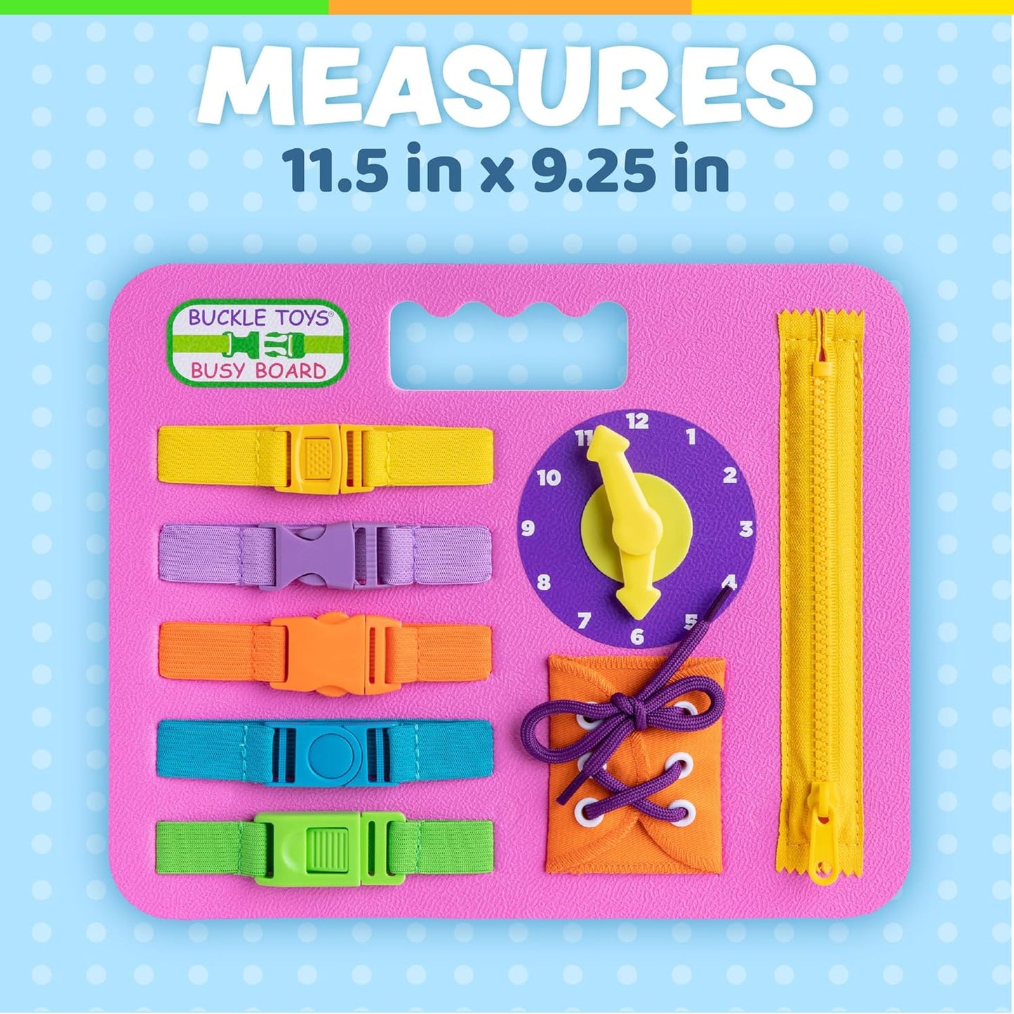 Buckle Toys Busy Board - Montessori Learning Toy for Toddlers Great Kids Road Trip Essentials - Foam Sensory Board - Develop Fine Motor Skills - Pink