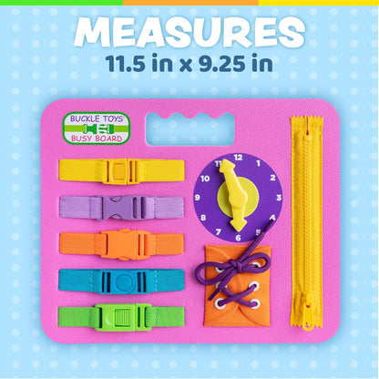 Buckle Toys Busy Board - Montessori Learning Toy for Toddlers Great Kids Road Trip Essentials - Foam Sensory Board - Develop Fine Motor Skills - Pink