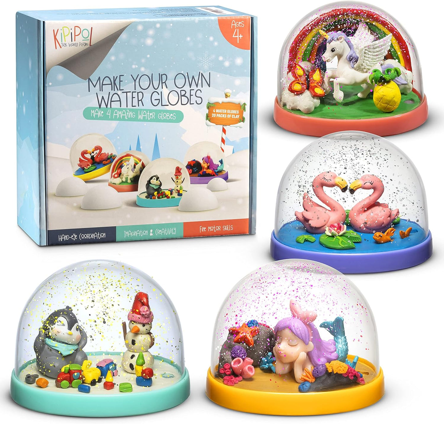 Kipipol Make Your Own Holiday Water Globe Kit – 3X DIY Snow Globe Making Kit w/ 3 Figures, 10 Packs of Modeling Clay for Sculpting, Crafts for Girls Ages 4-6, Arts and Crafts for Kids Ages 4-6-8-12