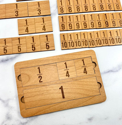 Fraction Bar Tiles and Holder - Laser Engraved Wood with 67 Tiles Plus 6 inch Holder