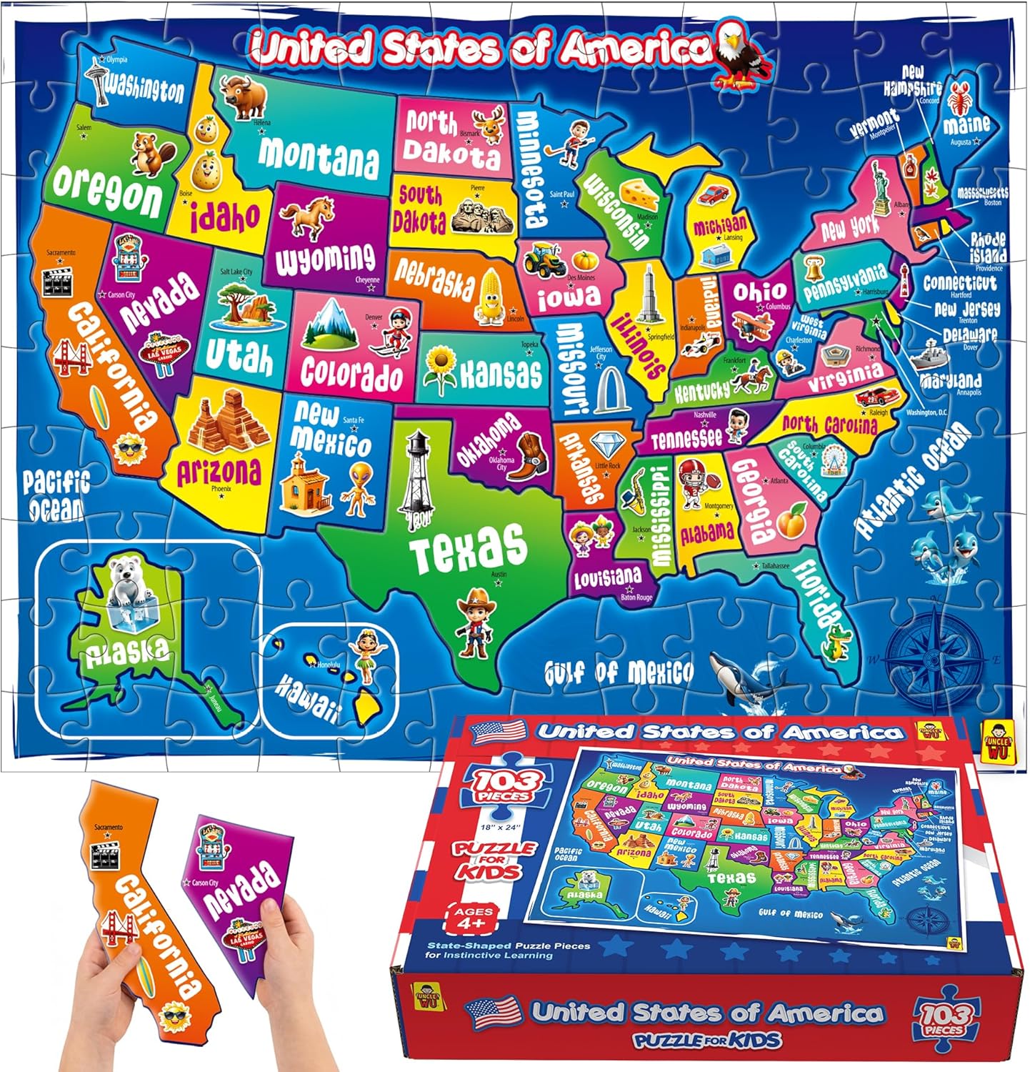 United States Map Puzzle for Kids Ages 4-8 - 103 Piece USA Geography Floor Jigsaw with State Shaped Pieces, Large 18x24 Educational Learning Toy – Each State is Individual Flat Piece