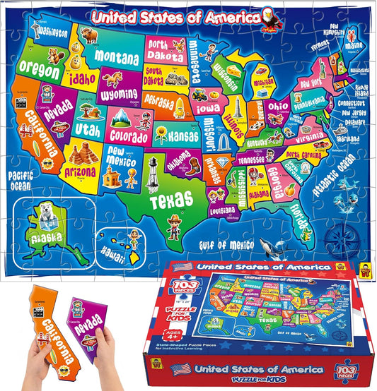 United States Map Puzzle for Kids Ages 4-8 - 103 Piece USA Geography Floor Jigsaw with State Shaped Pieces, Large 18x24 Educational Learning Toy – Each State is Individual Flat Piece
