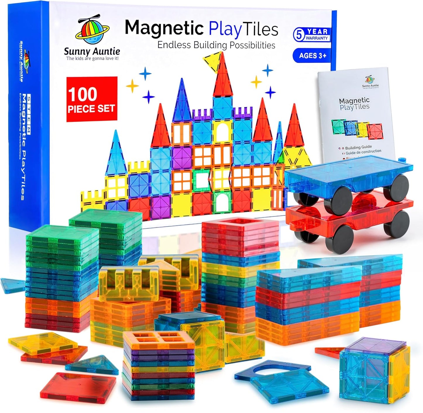 SUNNY AUNTIE Magnetic Tiles 56 PCS Building Set – Magnetic Building Tiles STEM Toy for Kids & Toddlers Ages 3-8, Magnet Construction Set for Boys & Girls