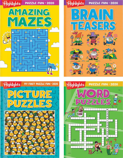 Highlights for Children Puzzle Fun 2025 Books for Kids Ages 6 and Up, 4-Book Set of Brain Teasers, Mazes, Word Puzzles and More Travel-Friendly Screen Free Kids Puzzles