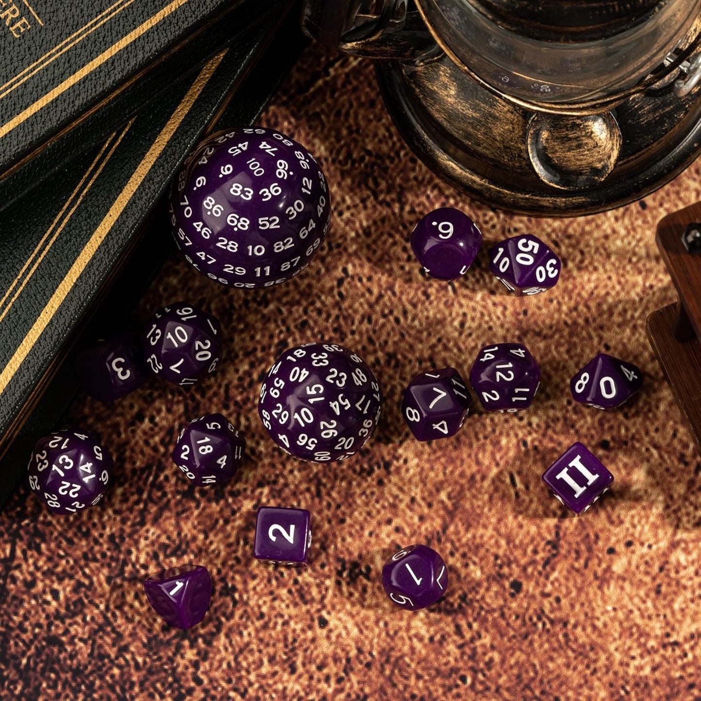 15 Pieces Complete Polyhedral DND Dice Set D3-D100 Spherical D&D Dice Set with Dragon Eye Dice Bag, D100 Dice for RPG Table Games(Black w/Purple Numbers)