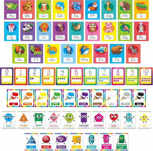 64 PCS Educational Cards, Laminated Water/Tear Proof Preschool Learning Posters Include Alphabet Numbers Colors & 2D/3D Shapes, Kindergarten Preschool Early Education Cards Home Classroom Decorations