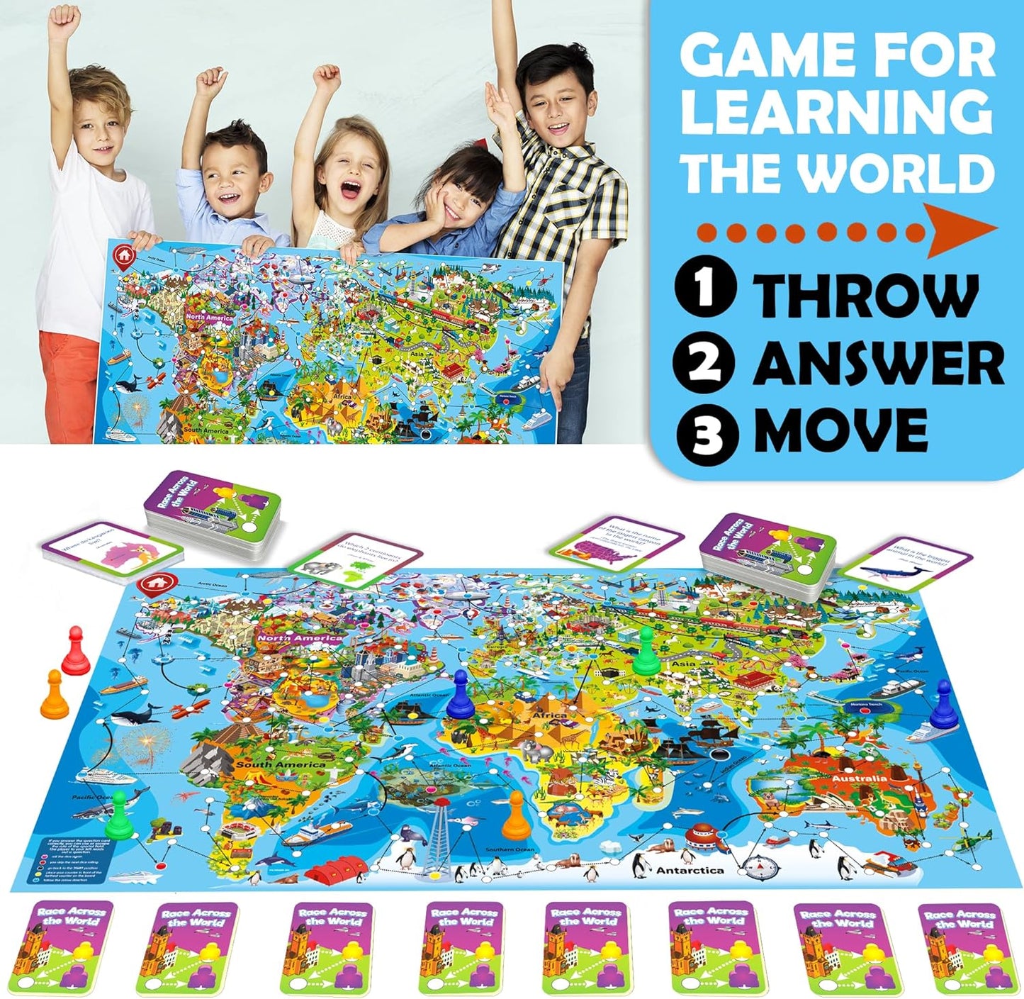 QUOKKA Board Games for Kids 8-12 - Family Games for Kids and Adults - Journey Across the World Card Game Ages 5-9 - Learn Capitals, Flags, Facts, and Map Locations with 195 World Map Cards
