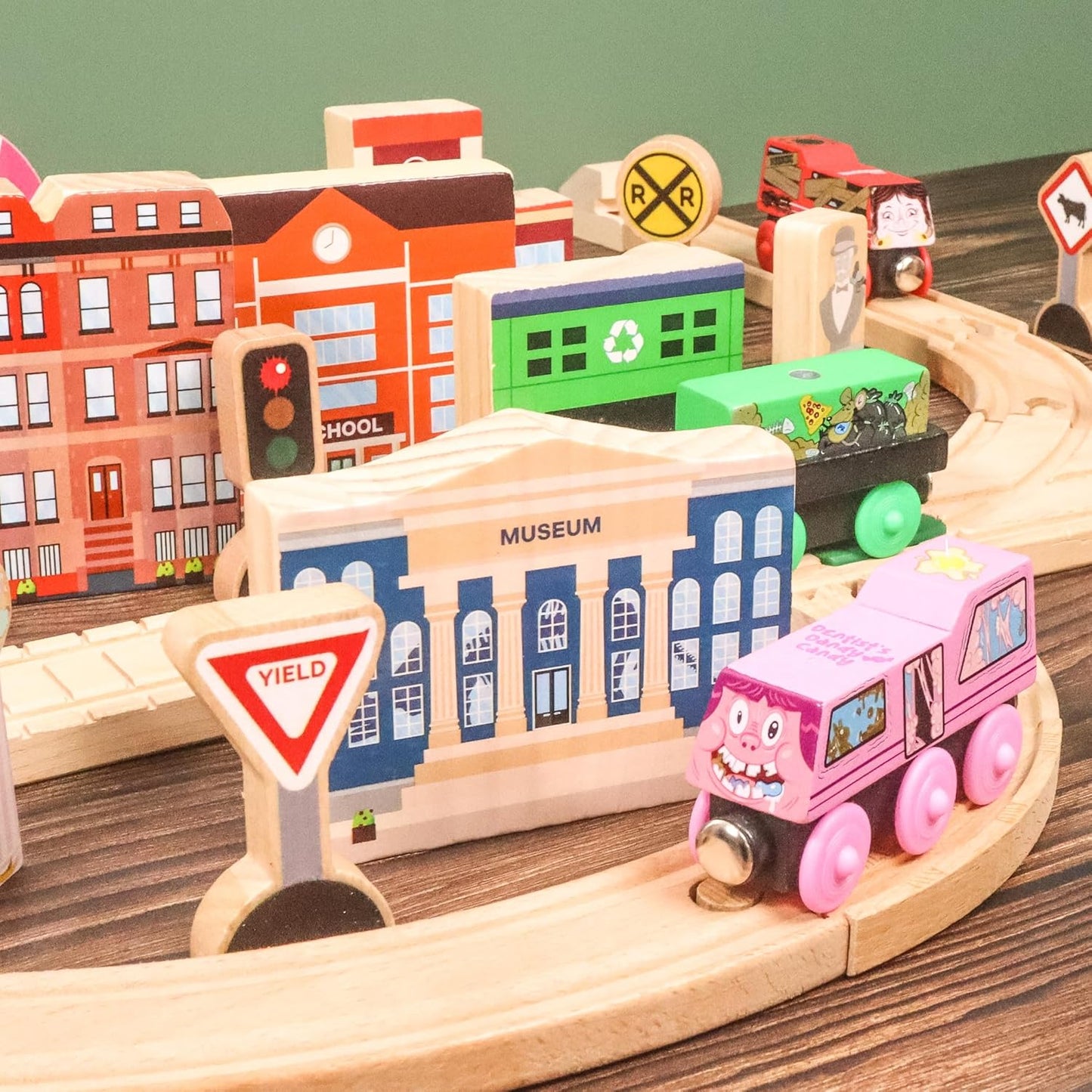 20 Pc Wooden City Play Set - Wooden Town Buildings and Street Signs for Play Mats, Toy Cars and Trains - Educational Preschool Track Accessories - Community Helpers Stacking Blocks Learning Toddler
